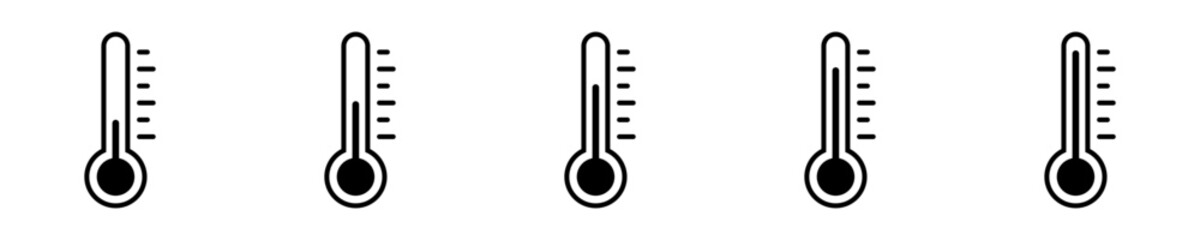 Conjunto de iconos de termómetro. Diferentes escalas de temperatura. Cálido y frío. Ilustración vectorial