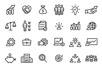 Conjunto de iconos de negocio. Administración, estadísticas de venta, recursos humanos, acuerdo comercial, cooperación empresarial. Ilustración vectorial