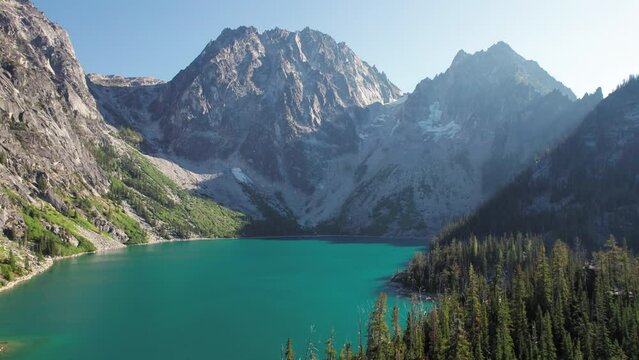 Rising Aerial Reveal of Colchuck Lake in leavenworth Washington