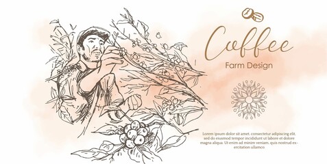 coffee picker of ink and watercolor illustration for label packaging design and advertising banner