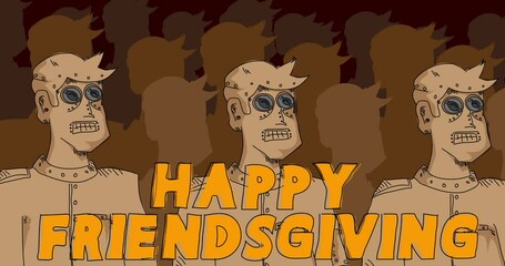 Robot Army with Happy Friendsgiving Text. Line Art Animated video. Future Robotics Cartoon Animation.