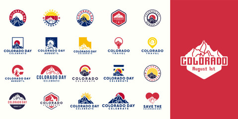 collection of mountains logo designs for colorado day commemoration, colorado memorial day, holiday, colorado travel - obrazy, fototapety, plakaty