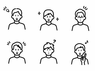 Fototapeta premium ポジティブな表情の男性のアバターイラストセット 線画のみ