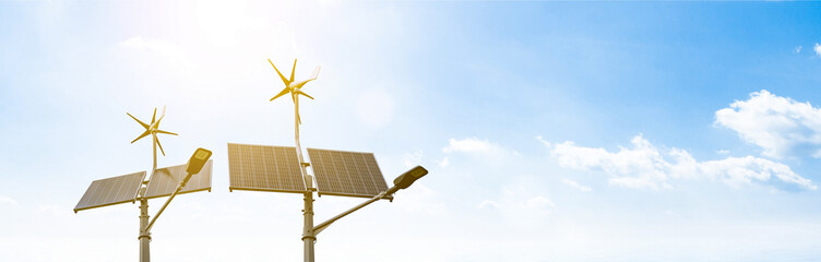 Fototapeta na wymiar Alternative energy concept. Wind turbine with solar energy power panel, renewable photovoltaic technology. Renewable energy sources banner.