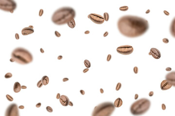 Coffee beans flying background. Black espresso grain falling on white. Rustic coffee bean fall isolated. Represent breakfast, energy, freshness or great aroma concept.
