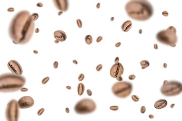 Coffee beans flying background. Black espresso grain falling on white. Rustic coffee bean fall isolated. Represent breakfast, energy, freshness or great aroma concept.