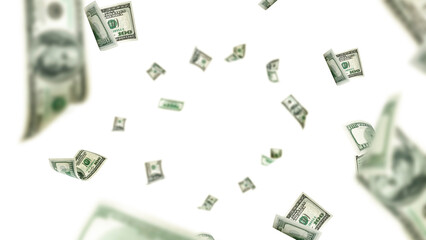 Dollar sign. American money. Cash white background, us bill. Money falling.