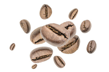 Coffee beans falling background. Black espresso coffee bean flying. Aromatic grain fall isolated on white. Represent breakfast for energy and freshness concept.