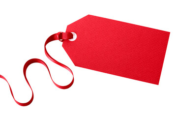 Red present gift tag with tied ribbon blank isolated transparent background photo PNG file - obrazy, fototapety, plakaty