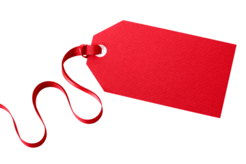 Red present gift tag with tied ribbon blank isolated transparent background photo PNG file