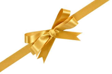 Diagonal corner gold gift bow ribbon angled isolated transparent background photo PNG file