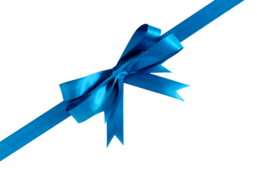 Diagonal blue ribbon and bow tied corner angle isolated transparent background photo PNG file