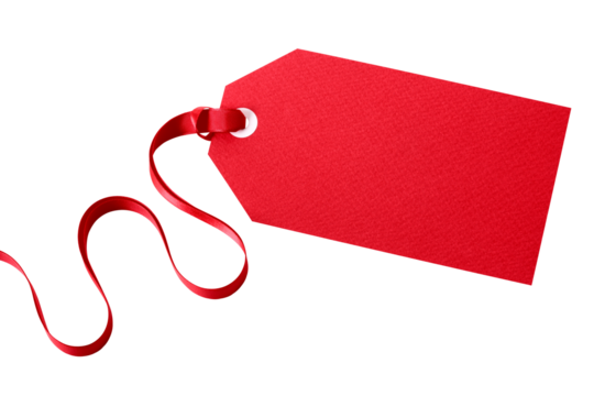 Red present gift tag with tied ribbon blank isolated transparent background photo PNG file