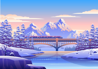 Snowy Winter Landscape Illustration With Train, Bridge, Pine Trees, And Mountains