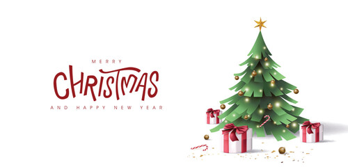 Naklejka na ściany i meble Merry Christmas banner with decorated christmas tree