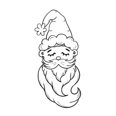 Cute doodle sleeping Santa. Hand drawn vector outline illustration isolated on white. Perfect for greeting cards, coloring books, holiday designs, print, textile designs.
