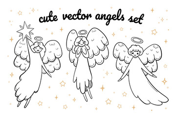 Cute doodle angels set. Hand drawn vector outline illustration. Perfect for greeting cards, print, textile designs, holiday designs.