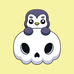 cute skull penguin halloween cartoon mascot doodle art hand drawn concept vector kawaii icon illustration