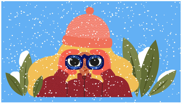 Winter illustration, a woman with blond hair in winter clothes looks through binoculars among the snow.