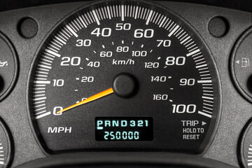 250,000 miles or kilometers on car odometer - obrazy, fototapety, plakaty