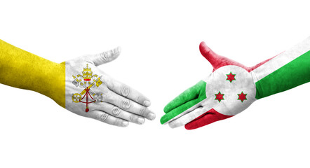 Handshake between Burundi and Holy See flags painted on hands, isolated transparent image.