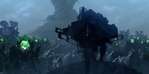 Futuristic, science fiction digital concept art. Imarginary scenery of alien landscape. 