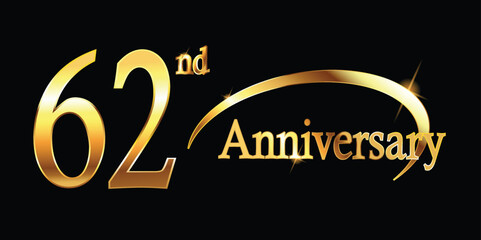 62nd Anniversary celebration. Gold Luxury Banner of 62nd Anniversary celebration. sixty-second celebration card. Vector anniversary