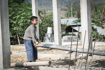 Children are forced to work construction., Violence children and trafficking concept,Anti-child...