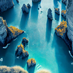 Aerial view of sea waves and fantastic Rocky coast. Summer seascape from drone. Travel - image. nature texture background.