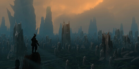 Futuristic, science fiction digital concept art. Imarginary scenery of alien landscape. 