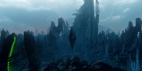 Futuristic, science fiction digital concept art. Imarginary scenery of alien landscape.  Blue, rainy evening.