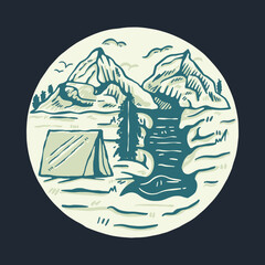 Camping with view of mountains graphic illustration vector art t-shirt design