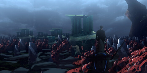 Futuristic, science fiction digital concept art. Imarginary scenery of alien landscape. 