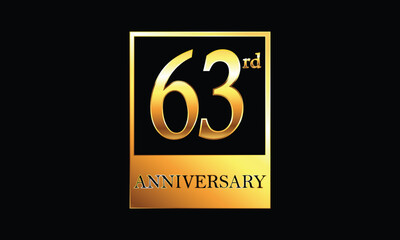 63 year anniversary celebration in golden rectangle. 63rd Anniversary celebration. Gold Luxury Banner of 63rd Anniversary celebration. sixty-third celebration card. Vector anniversary