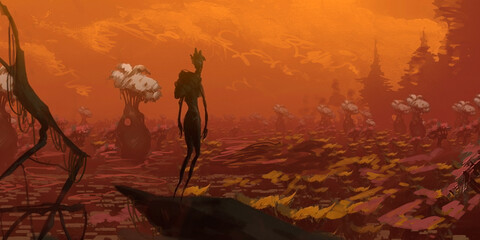 Futuristic, science fiction digital concept art. Imarginary scenery of alien landscape.  Golden hour.