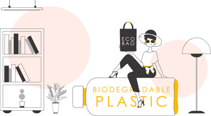 The concept of ecological bags and plastic. A woman holds an eco-package in her hands. Linear style.