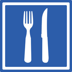 Vector illustration of square traffic sign of blue and white color, indicating restaurant area