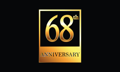 68 year anniversary celebration in golden rectangle. 68th Anniversary celebration. Gold Luxury Banner of 68th Anniversary celebration. sixty-eight celebration card. Vector anniversary