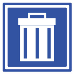 Vector illustration of a road sign indicating garbage cans, in a blue and white square shaped background
