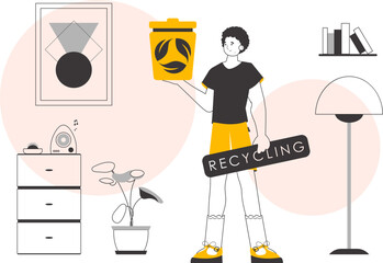 A man is holding a trash can. Waste recycling concept. Linear style.
