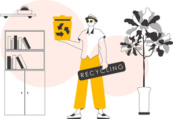 A man is holding a trash can. Waste recycling concept. Lineart trendy style.