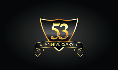53 year anniversary logo with golden shield and ribbon. Dark concept anniversary. 53th Anniversary celebration background. fifty-third anniversary banner vector