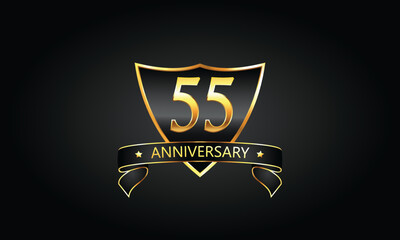 55 year anniversary logo with golden shield and ribbon. Dark concept anniversary. 55th Anniversary celebration background. fifty-fifth anniversary banner vector