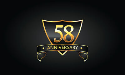 58 year anniversary logo with golden shield and ribbon. Dark concept anniversary. 58th Anniversary celebration background. fifty-eight anniversary banner vector