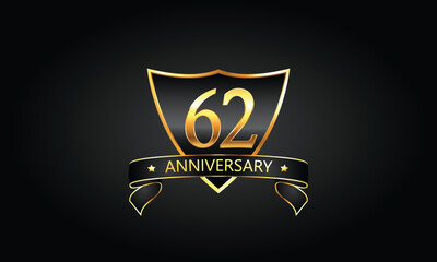 62 year anniversary logo with golden shield and ribbon. Dark concept anniversary. 62nd Anniversary celebration background. sixty-second anniversary banner vector