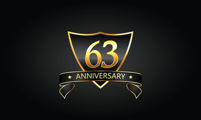 63 year anniversary logo with golden shield and ribbon. Dark concept anniversary. 63rd Anniversary celebration background. sixty-third anniversary banner vector