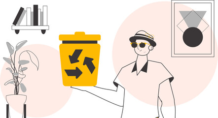 The guy is holding a trash can. Waste recycling concept. Lineart trendy style.