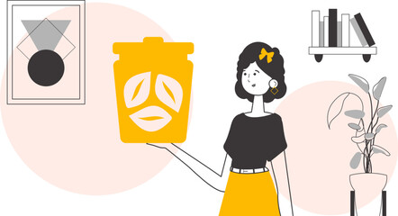 A woman is holding a trash can. The concept of recycling plastic and waste. Linear trendy style.