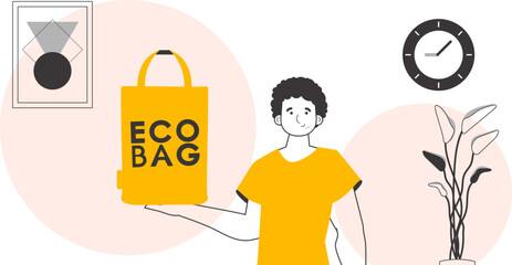 Ecology conservation concept. The guy is holding an eco package in his hands. Linear style.
