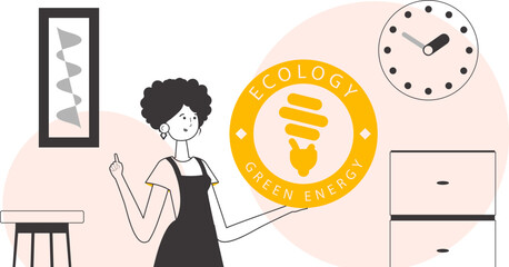 The girl holds the green energy logo in her hand. Lineart style.